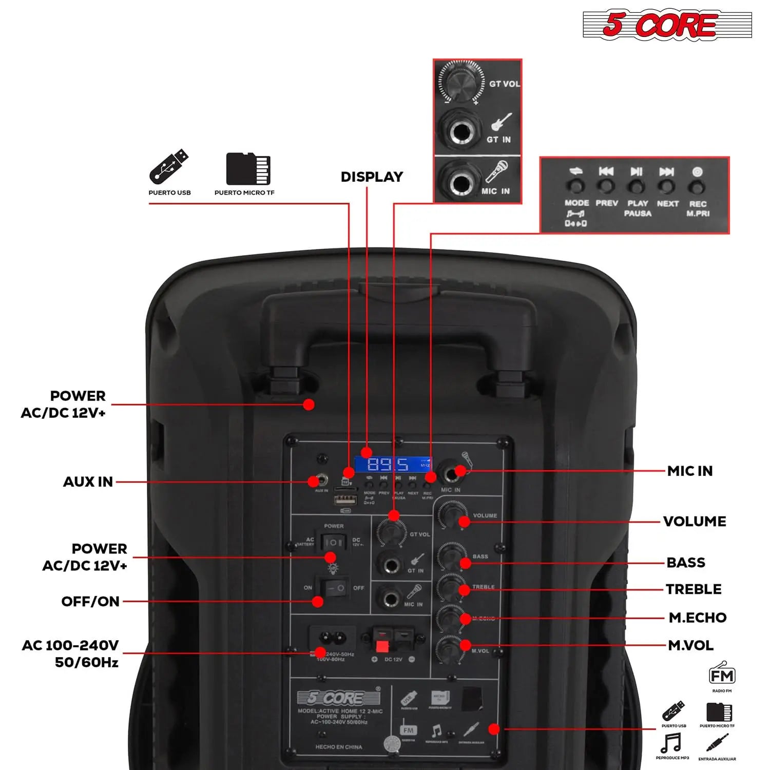 5 CORE 12 Inch TWS PAIR Bluetooth Party Speakers 500 Watt Portable Karaoke PA System Rechargeable Loud Speaker + Tripod Stand & 2x Wireless Mics LED Light Active Home 12 2-MIC