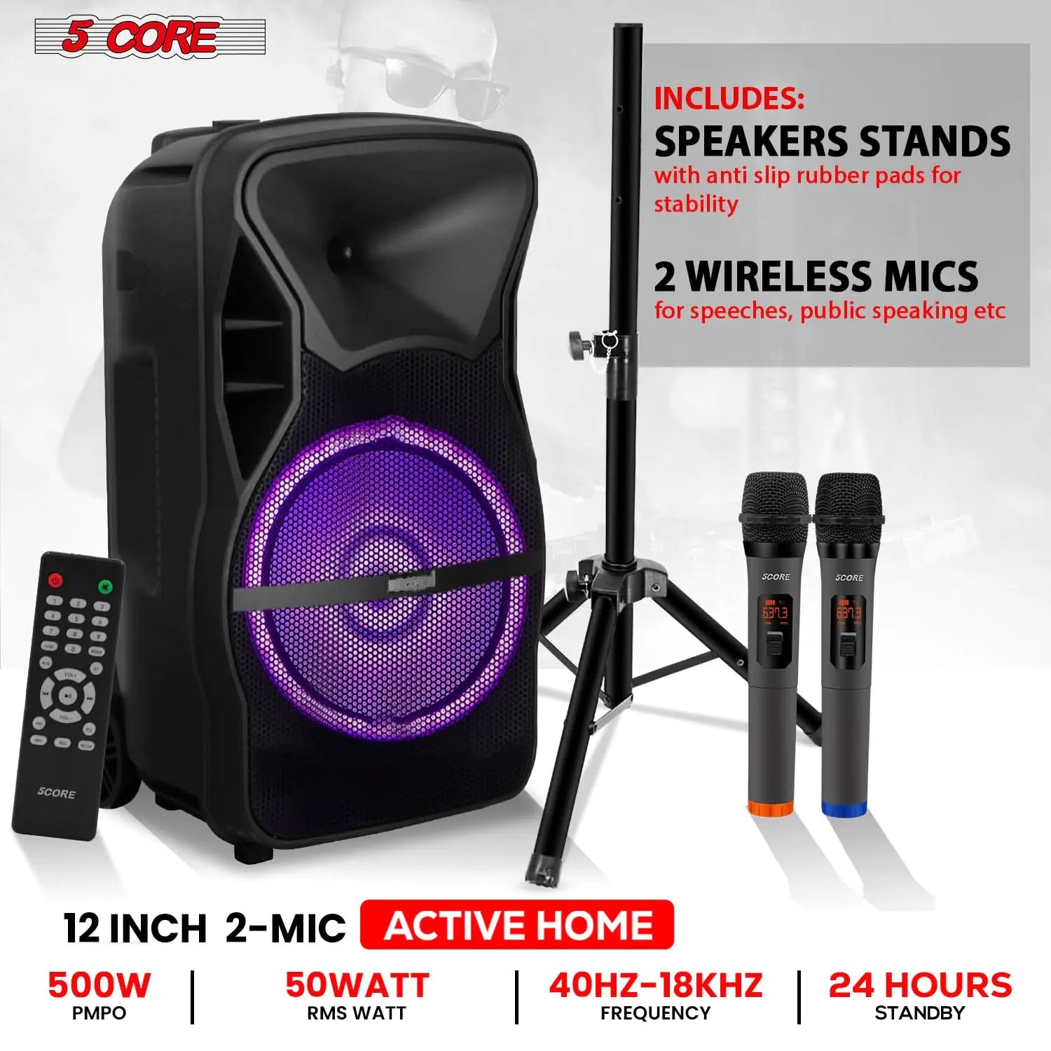 5 CORE 12 Inch TWS PAIR Bluetooth Party Speakers 500 Watt Portable Karaoke PA System Rechargeable Loud Speaker + Tripod Stand & 2x Wireless Mics LED Light Active Home 12 2-MIC